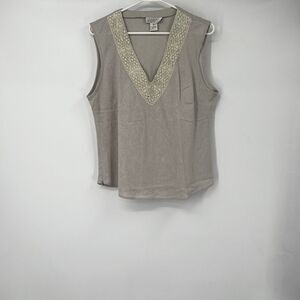 Womens P.I. Sport 16 Linen Blend V Neck Tank Blouse Boho Festival Crochet VTG